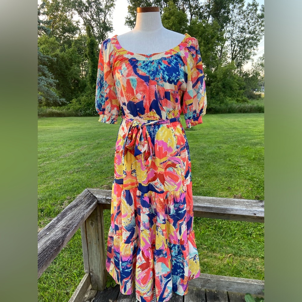 Flying Tomato Orange Colorful Abstract Retro Sun Dress Midi Length